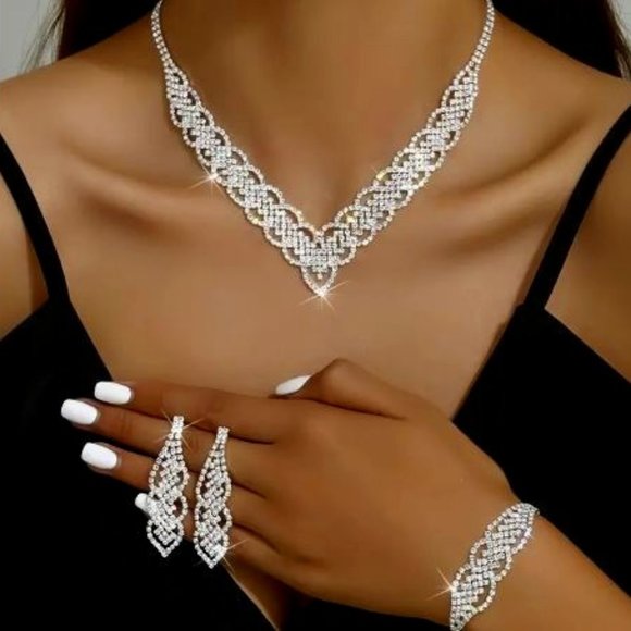 B48-Princess Kate Waves of Rhinestone with drop stone Necklace-earrings-bracelet